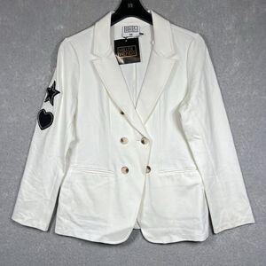 Miller Wendt Softknit Blazer White Embroidered Crest Size Medium Buttons Preppy